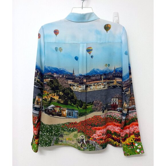 Alice + Olivia Willa Emily in Paris Eiffel Tower Shirt Blouse Silk Floral M - Picture 9 of 16